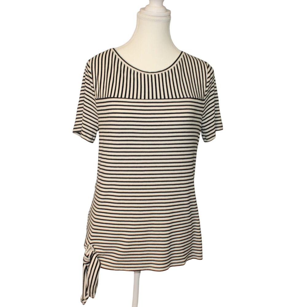 Talbot Petite LG Striped Black Cream Top Side Tie SS Stretchy Ribbed Knit